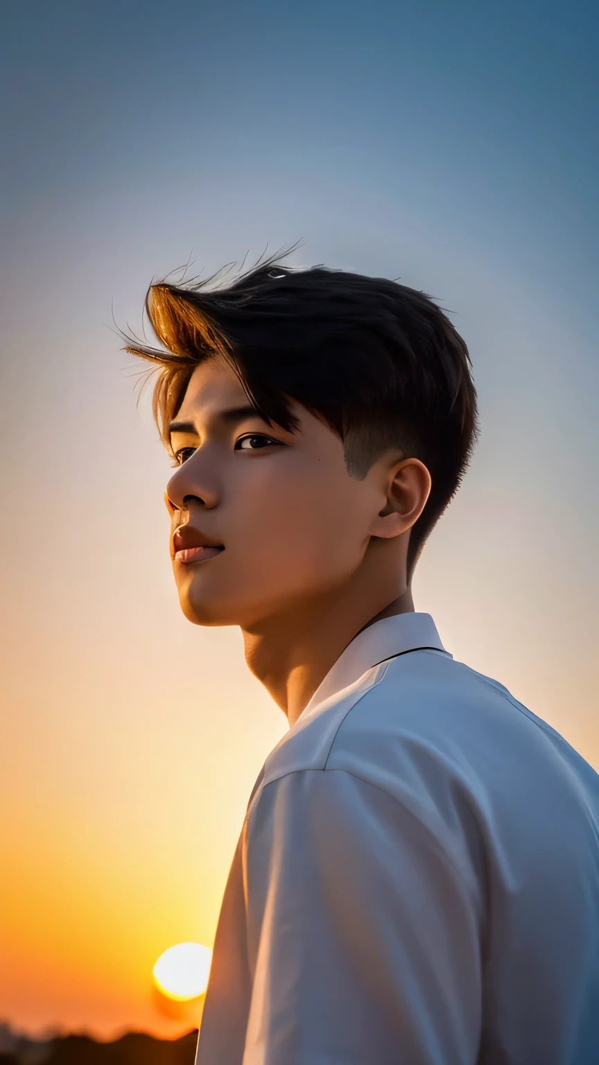Highest quality, masterpiece, Ultra-high resolution, (Realistic: 1.4), Original photo, wallpaper, Head Photo, skin, Simple Background, Iris, detailed, Selfie, 1 boy, 18-year-old, good looking, Wind,Sunset