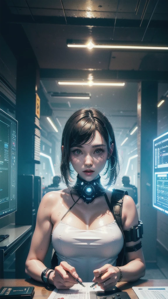 ((Best quality)), ((masterpiece)), (highly detailed:1.3), 3D, beautiful (cyberpunk:1.3) female hacker with thick voluminous hair operating a computer terminal, computer servers, LCD screens, fibre optic cables, corporate logos,HDR (High Dynamic Range),Ray Tracing,NVIDIA RTX,Super-Resolution,Unreal 5,Subsurface scattering,PBR Texturing,Post-processing,Anisotropic Filtering,Depth-of-field,Maximum clarity and sharpness,Multi-layered textures,Albedo and Specular maps,Surface shading,Accurate simulation of light-material interaction,Perfect proportions,Octane Render,Two-tone lighting,Low ISO,White balance,Rule of thirds,Wide aperature,8K RAW,Efficient Sub-Pixel,sub-pixel convolution,luminescent particles, sin ropa