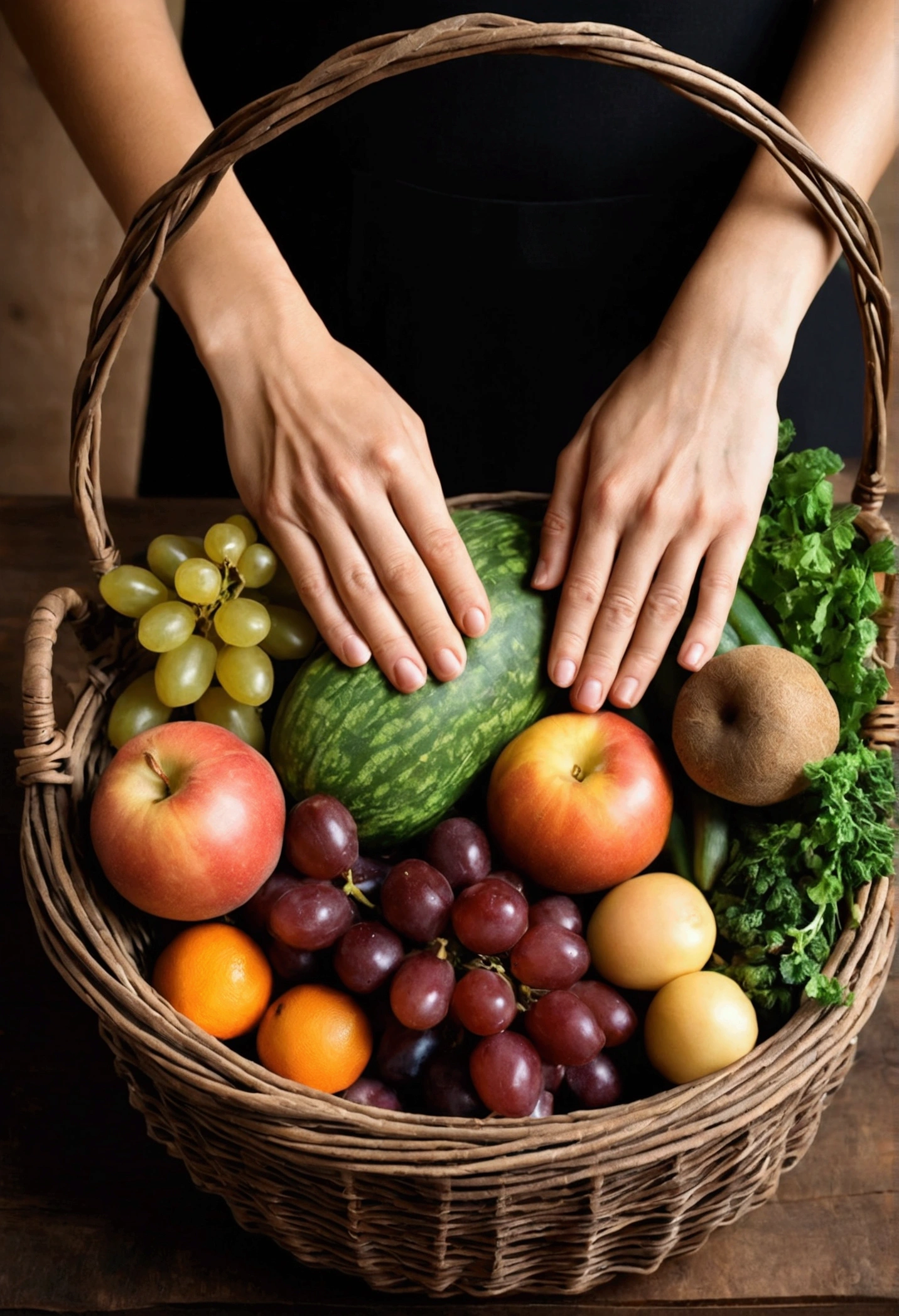 two hands joined, made from rustic vine.Inside a basket made of rustic vines . the hands with a dark brown color and the light brown basket. inside the basket some fruits and vegetables. And under the hands the name: COOPERATIVE. 