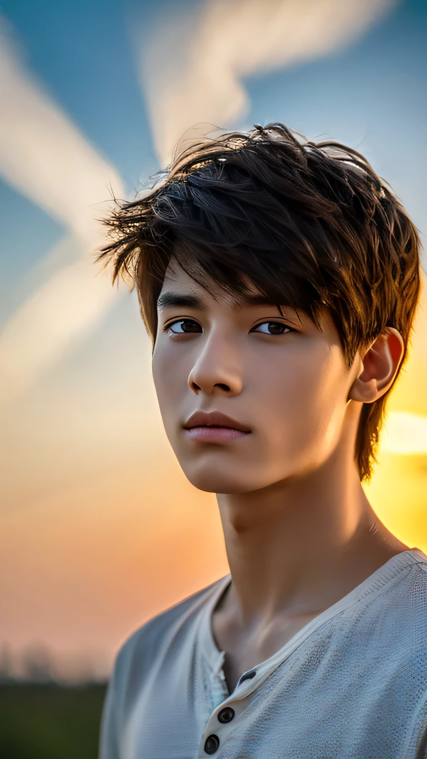 Highest quality, masterpiece, Ultra-high resolution, (Realistic: 1.4), Original photo, wallpaper, Head Photo, skin, Simple Background, Iris, detailed, Selfie, 1 boy, 18-year-old, good looking, Wind,Sunset