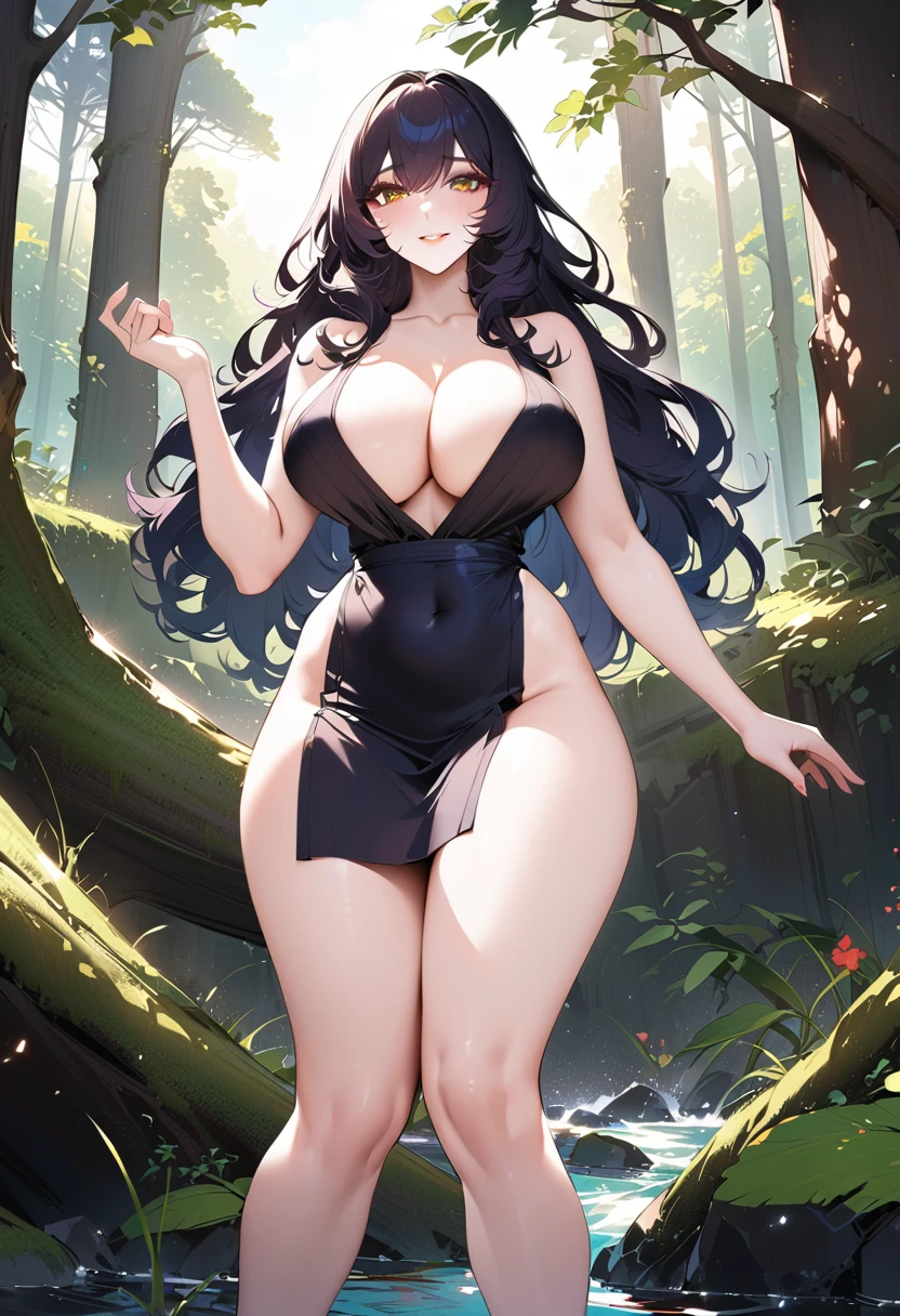 1female,45 yers old,Married woman,legs long, a slender waist, photo exposure, solo,(Background with:at a forest,the rainforest,Ground area water) She has long black hair,Stand deep in the forest,seen from the front, curlies, sky with many clouds,(((tmasterpiece),(Very detailed CG unified 8k wallpaper),Best quality,light,detailed back ground,beautiful pupil,(very delicate beautiful),(Beautiful and detailed eyes description),ultra - detailed,tmasterpiece,))Redlip,Snow-white skin,a little bit chubby,pubic hair very large,facing at the camera,A high resolution,ultra - detailed),Revealed,Very huge,, Convex,Camel toes,The cleavage protrudes,athlete(dressed in:,aprons),