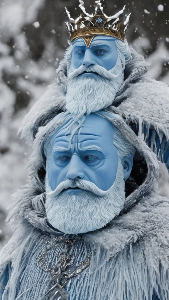 The Ice King is terrifying It has light blue skin The Ice King wears a long, blue robe, a loose robe that covers almost his entire body. The Ice King wears a huge golden crown on his head decorated with three red jewels, giving him a royal look. Beard: The Ice King has a long, thick white beard, almost reaching his chest, giving him a distinctive appearance. Its nose is long and prominent and resembles a small carrot Eyes: Its eyes are small, round, and dead His arms are thin compared to his body, and are also a light blue color.
