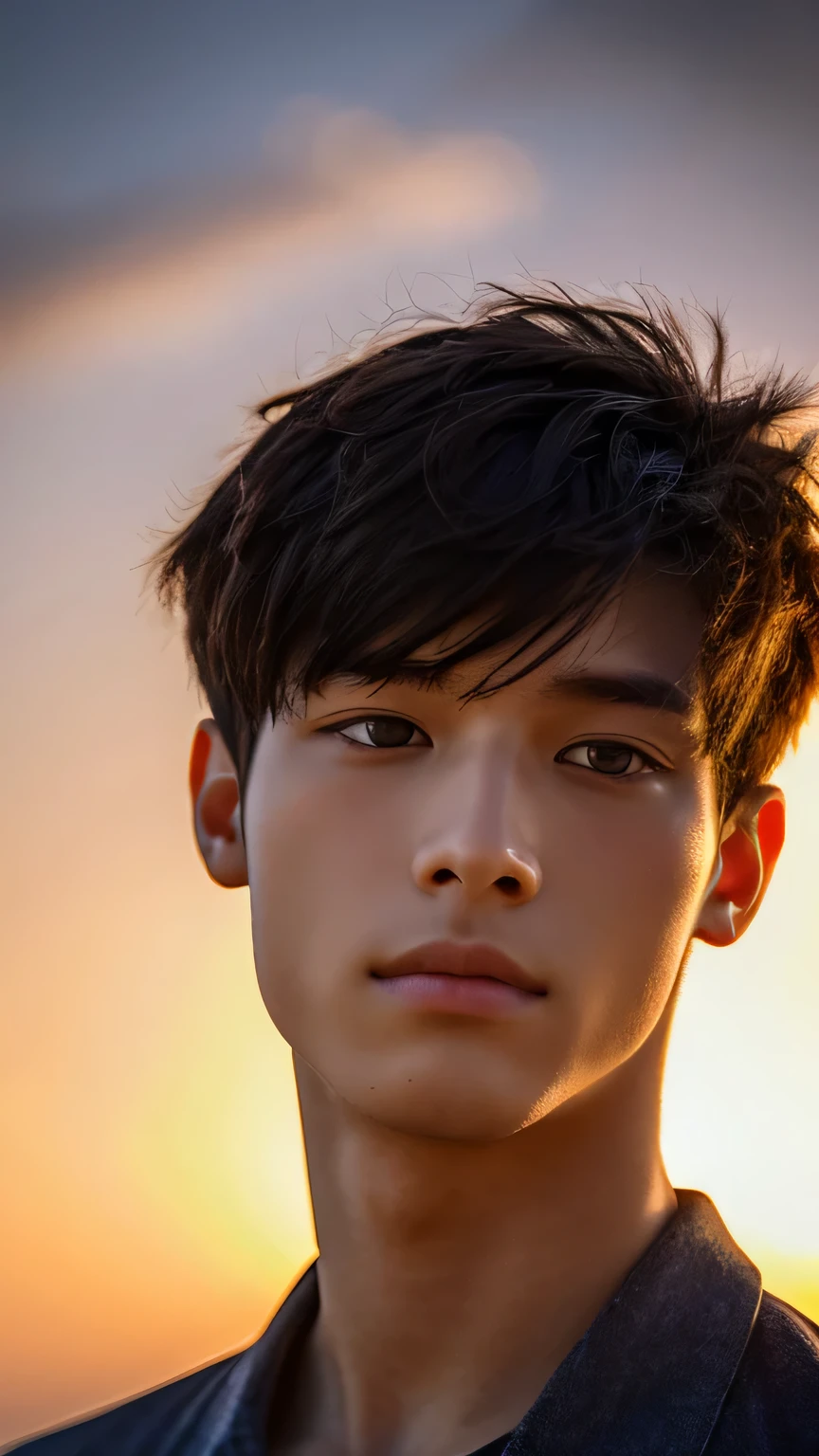 Highest quality, masterpiece, Ultra-high resolution, (Realistic: 1.4), Original photo, wallpaper, Head Photo, skin, Simple Background, Iris, detailed, Selfie, 1 boy, 18-year-old, good looking, Wind,Sunset