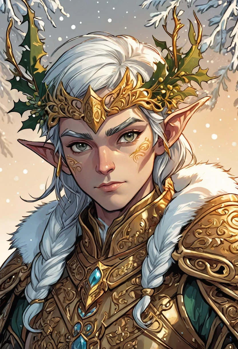 Super detailed comic style, Middle close-up, A mysterious Arctic elf warrior，Wearing an elaborate golden armor made from mistletoe, A mercenary from Santa&#39;s Secret Mercenary Team, The Savior of Christmas, Use magic weapons, Mistletoe decoration, Very detailed, Movie, 8K, masterpiece, Bright colors，deep, HDR, Award-winning art, Art work：WLOP and Artgerm and Greg Rutkowski, Art Station