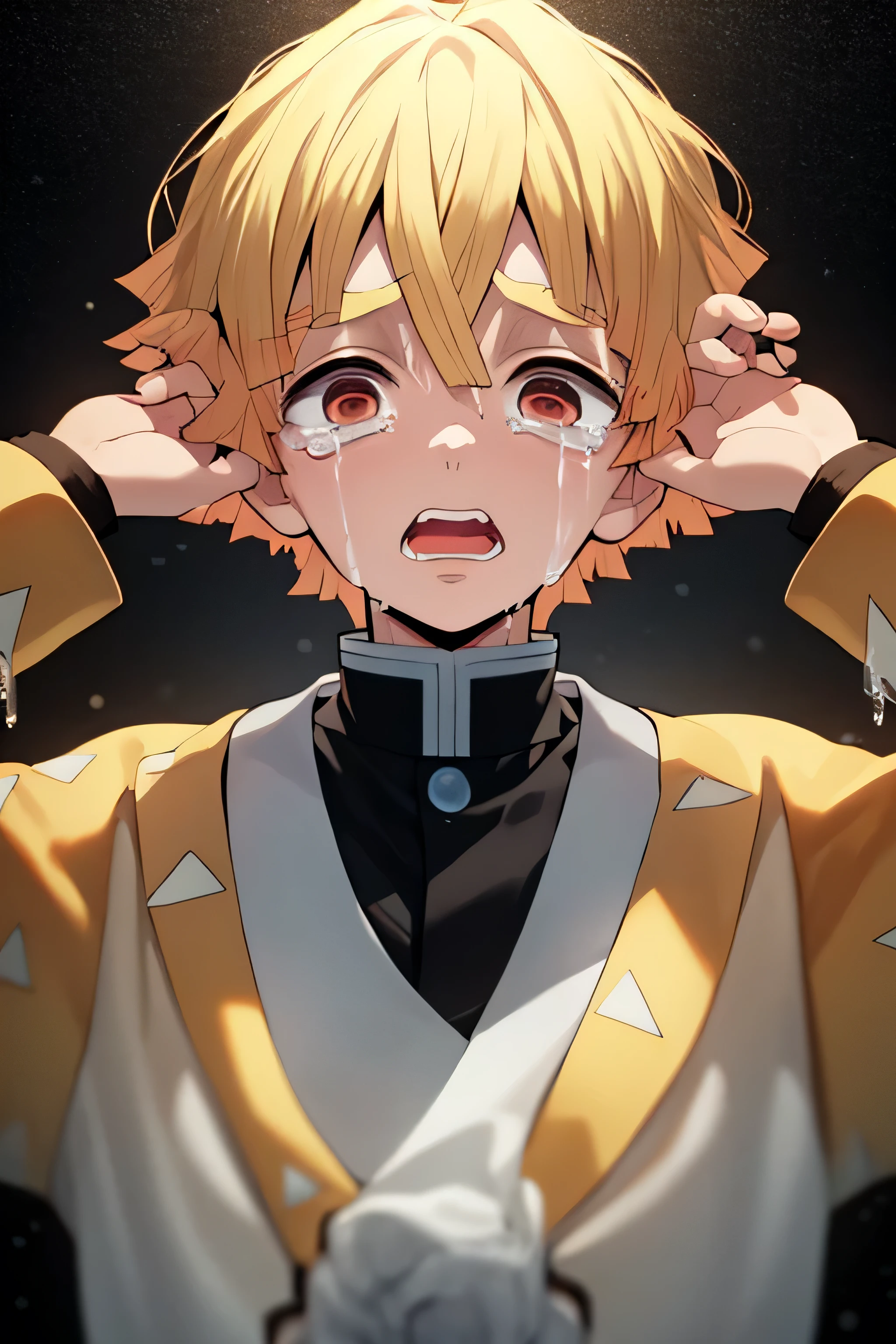 masterpiece, best quality, high quality, 1boy, solo, male focus, looking at viewer, upper body, agatsuma_zenitsu, blonde hair, Hands up holding head, Crying Face