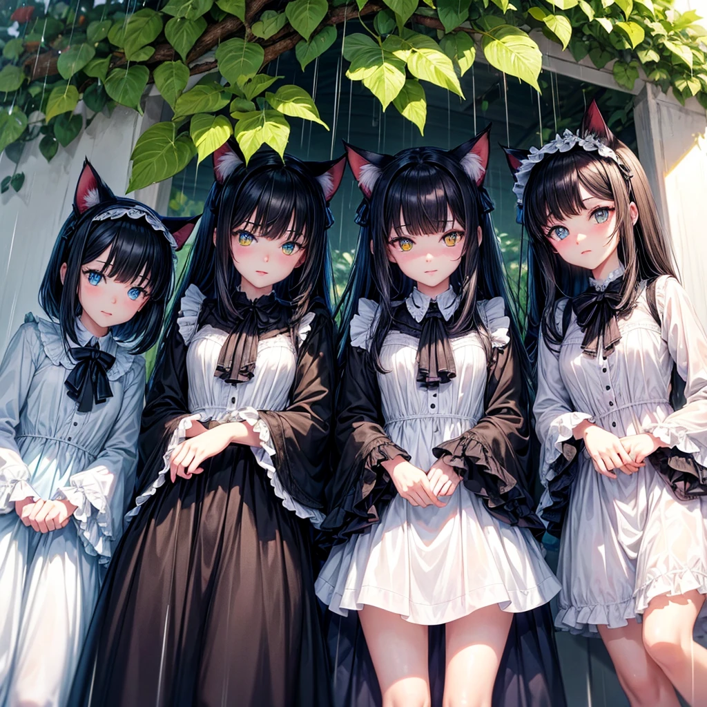 Three cats in the rain, the first ones are completely white; the first one with both blue eyes and the second cat has both red eyes.


The third cat is completely black., with yellow eyes. They are all leafy and beautiful.