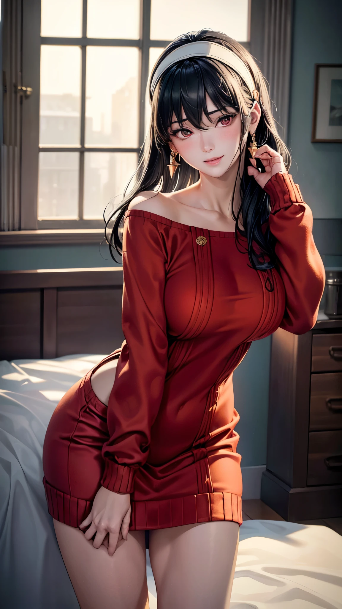 (masterpiece, Highest quality:1.3), (Super detailed:1.4),(Super detailed顔:1.2),(Super detailed目:1.2), (hyperRealistic:1.3), (RAW Photos:1.2), High-definition RAW color photos, Professional photos, (PhotoRealistic:1.4), (Realistic:1.4),8k,Professional Lighting, Perfect Anatomy, BREAK,(Big Breasts:1.6),(blush:1.2),(Bright smile:1.2),Yolfoger, High detail, Sharp focus, dramatic,dutch angle,Björf,Black Hair,Long hair short hair,White hair band,Kamimei,Leaning forward,Bring your face closer,Red eyes,Gold earrings,jewelry,Off the shoulder,(Red sweater:1.3),(Sweater Dress 1.3),Long sleeve,Black Pantyhose,Luxury bedroom,(thong:1.2),(Sexy pose 1.9)