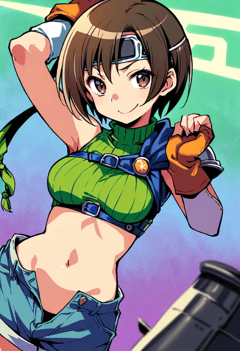 score_9, score_8_up, score_7_up,,BREAK , dynamic angle:1.2.,mediumshot,(Standing pose),soro focus,1girl, yuffie kisaragi, final fantasy, short hair,headband,navel,sleeveless,turtleneck,brown eyes,sleeveless turtleneck,solo,,looking at viewer,smile,gloves,crop top,brown hair,shorts,midriff,,sweater,open fly,armor,fingerless gloves,ribbed sweater,medium breasts,smug,best quality,aesthetic,very aesthetic,masterpiece,high-resolution, (Proportion).arms up,