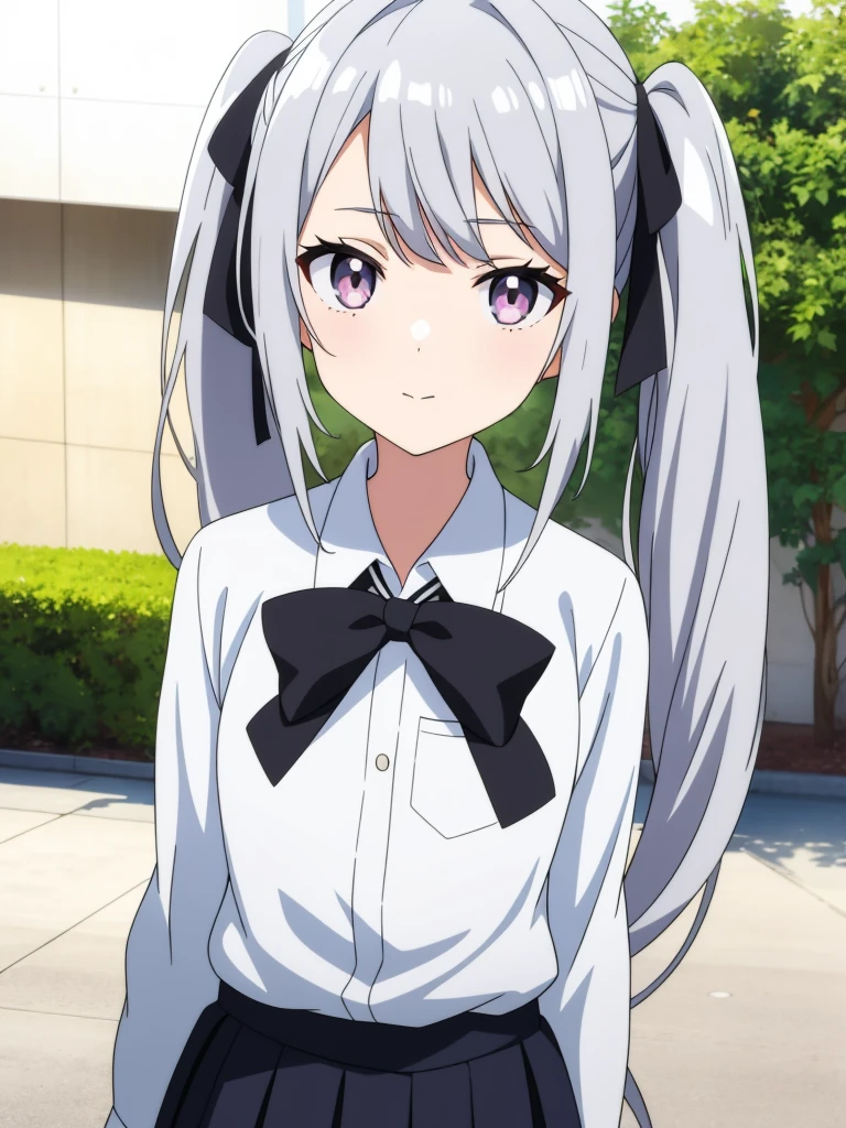 1girl, anime girl, silver hair, long twintails, silver eyes, white school shirt with black tie, skirt, 3/4 head shot, looks at viewer, neutral face
