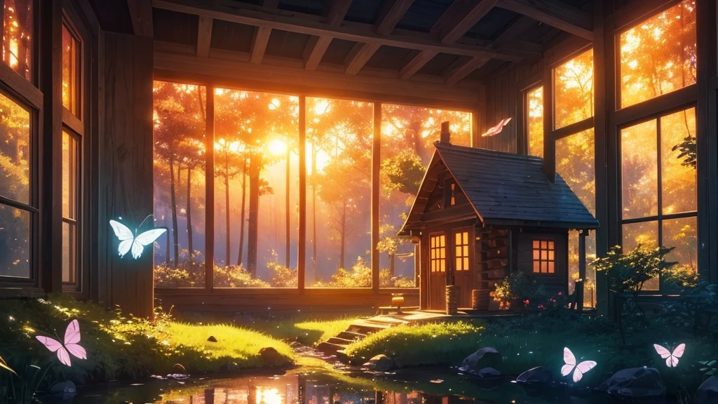 a cabin in a magical forest in surreal anime style for ambient music cover. n sunset and glass butterflies float across the scene. Smooth and ethereal animation style, reminiscent of the works of Hayao Miyazaki mixed with the surrealism of 'Paprika'. Soft and dreamlike color palette: deep blues, soft greens and delicate pinks. The general atmosphere is serene and mystical. Composition that invites the viewer to immerse themselves in this dream world