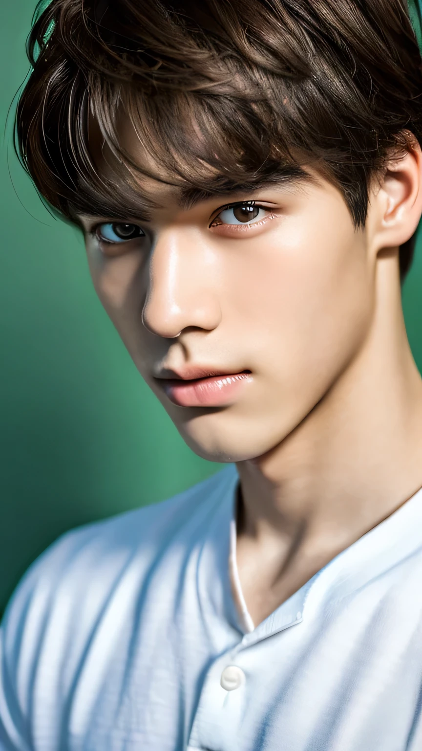 Highest quality, masterpiece, Ultra-high resolution, (Realistic: 1.4), Original photo, wallpaper, Head Photo, skin, Simple Background, Iris, detailed, Selfie, 1 boy, 18-year-old, good looking, Wind,cookie