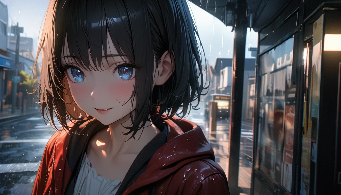 1girl, solo, blue eyes, (detailed eyes), gentle smile on her face flat chest, short hair, black hair,, 8K,masterpiece,Best quality,Super detailed,Realistically,Realistically,Extremely detailed face,light,light,Ray tracing,Unlit Hair, on a cloudy street,Corner store,bus stop,foggy and heavy rain,A girl with long black hair and black eyes.。She is wearing a red hooded jacket,white shirt,Short black skirt and black garter belt,Clothes soaked by rain,Black exposure,Depth of Field(degree ),Lens lighting