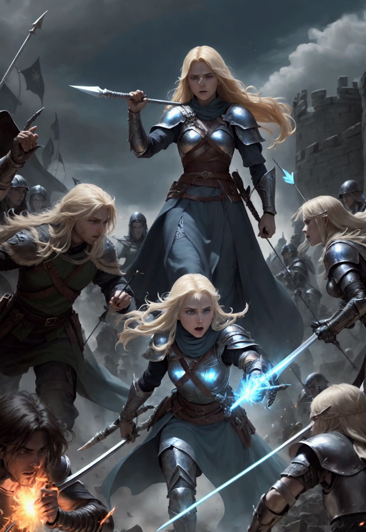 "At the gates of Zareth's castle, blond-haired, fair-skinned, blue-eyed Aldar leads his companions and a small army of warriors against the hordes of shadow servants. The battle is intense, with swords crossing, arrows flying and spells exploding. .Aldar is at the center of the action, bravely fighting multiple enemies at once, his sword glowing with ancient power, Lyra stands tall, firing arrows with frightening precision, while Elandor conjures magical barriers to protect his allies across the field. The battle scene is chaotic, with debris and lying bodies scattered around, and the shadowy castle in the background adding to the drama of the scene."