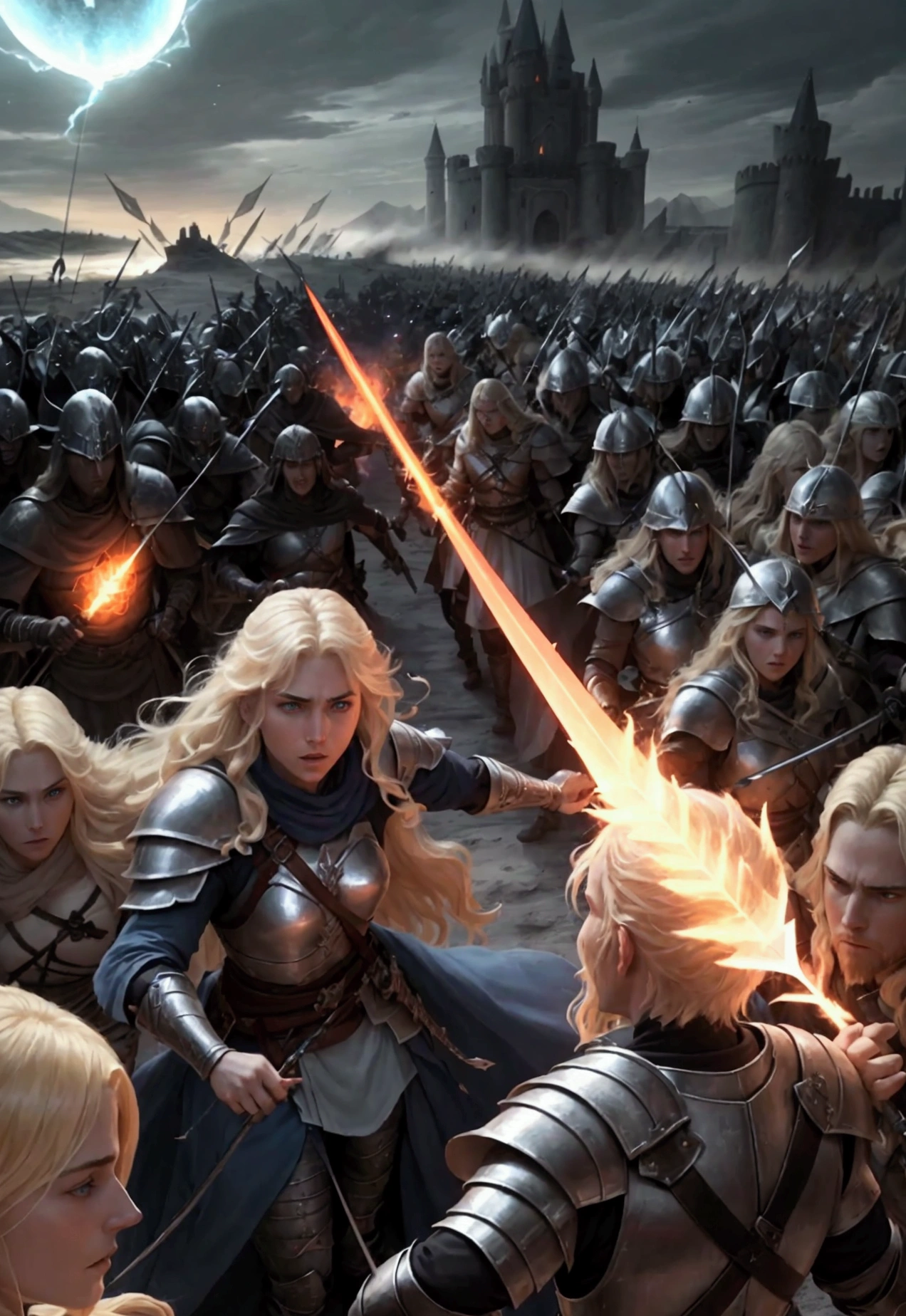 "At the gates of Zareth's castle, blond-haired, fair-skinned, blue-eyed Aldar leads his companions and a small army of warriors against the hordes of shadow servants. The battle is intense, with swords crossing, arrows flying and spells exploding. .Aldar is at the center of the action, bravely fighting multiple enemies at once, his sword glowing with ancient power, Lyra stands tall, firing arrows with frightening precision, while Elandor conjures magical barriers to protect his allies across the field. The battle scene is chaotic, with debris and lying bodies scattered around, and the shadowy castle in the background adding to the drama of the scene."