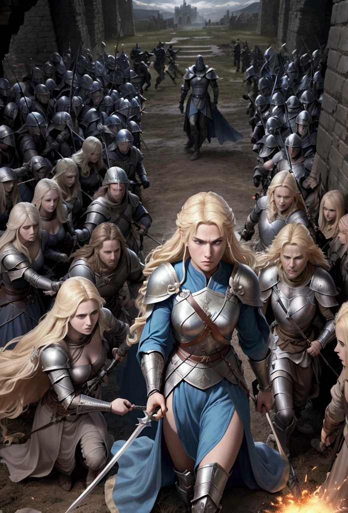 "At the gates of Zareth's castle, blond-haired, fair-skinned, blue-eyed Aldar leads his companions and a small army of warriors against the hordes of shadow servants. The battle is intense, with swords crossing, arrows flying and spells exploding. .Aldar is at the center of the action, bravely fighting multiple enemies at once, his sword glowing with ancient power, Lyra stands tall, firing arrows with frightening precision, while Elandor conjures magical barriers to protect his allies across the field. The battle scene is chaotic, with debris and lying bodies scattered around, and the shadowy castle in the background adding to the drama of the scene."