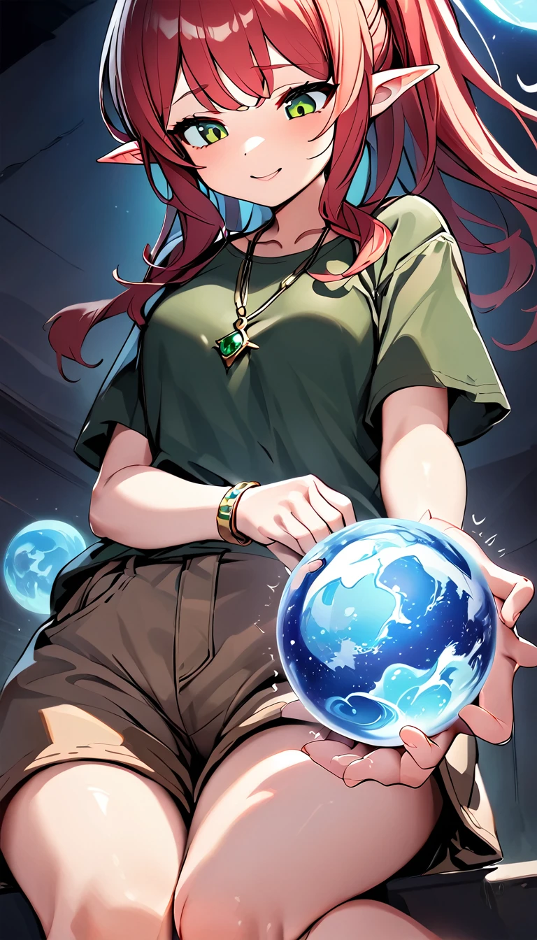 A single image split into two sections:
Top Section:
1 female elf with long red hair, emerald green eyes, wearing a green top and brown cargo shorts, barefoot. She has a beautiful golden anklet with a small orb-pendant attached to the anklet. She's looking down and smiling mischievously.
Bottom Section:
A close-up of the orb-pendant on her anklet. Inside the orb, a tiny guy is trapped, terrified and shaking heavily as the giant woman shakes the pendant carelessly.
Detailed expressions, depth of field, work of art, best quality, absurdly detailed.