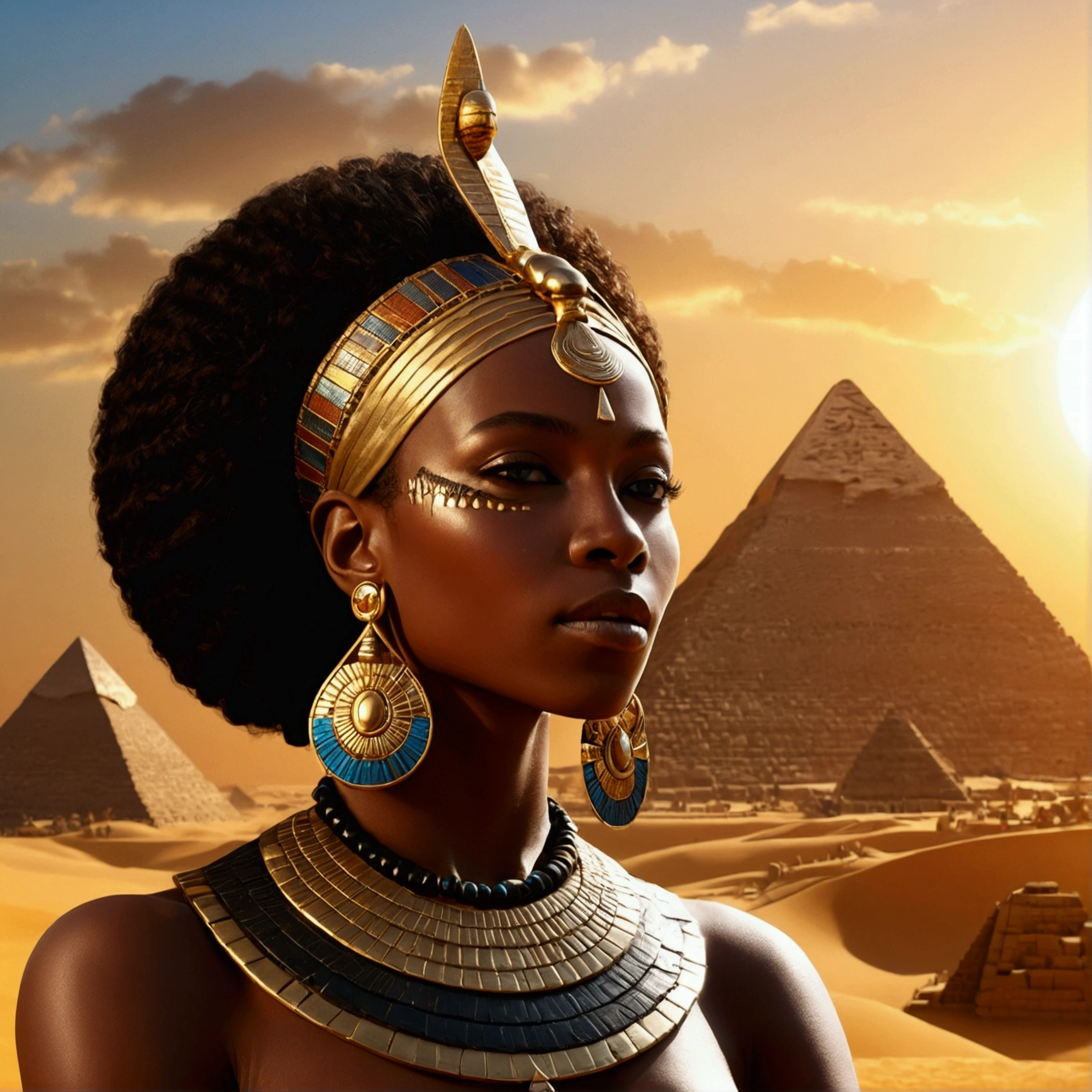 Queen of Kemet, black skin woman, lots of jewelry, In the background, pyramids make up the landscape of ancient Egypt, the sun illuminating and giving life, Perfect artwork, super detaill, best qualityer, 4K wallpaper aesthetic masterpiece, master part, award winning artwork, offcial art