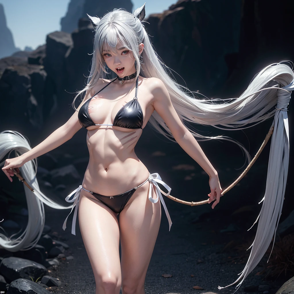 One girl, Standing in a bikini、High resolution, Silver Hair、大きなchest, chest, stick out a very long tongue, saliva, The fangs are sharp, Drooling, Wide-angle shot, Roundhouse kick、Full body portrait、Abs Six Pack、The thigh muscles are amazing、The Strongest Succubus、Covered in scars