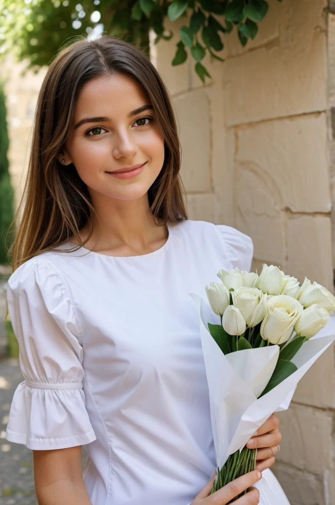 Une fille qui a touché une fleur avec un papier blanche à côté écrit Miriam kippo joyeux anniversaire le 26 juillet