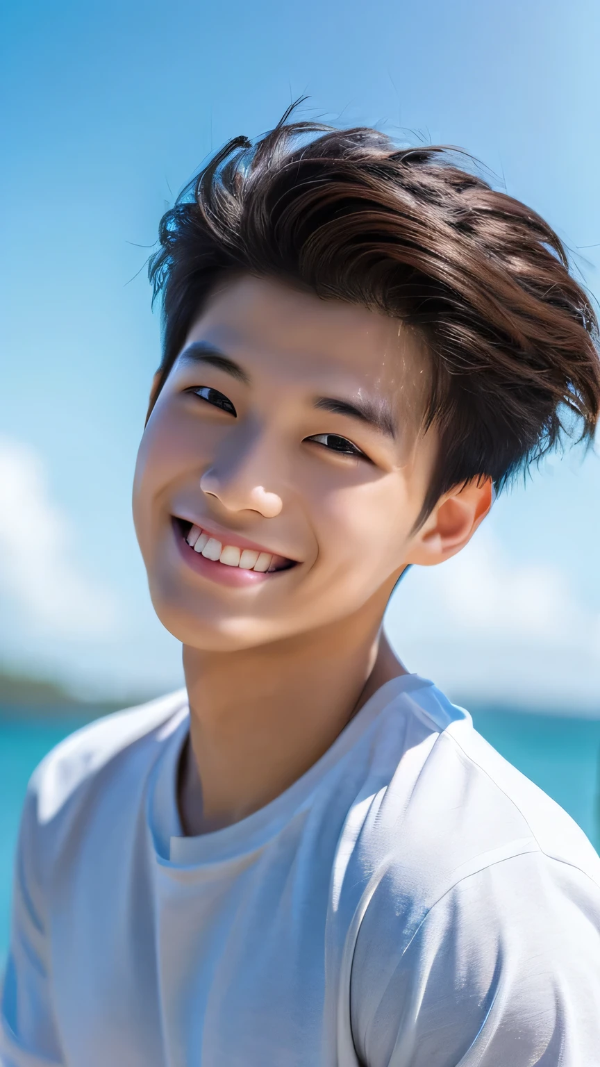 Highest quality, masterpiece, Ultra-high resolution, (Realistic: 1.4), Original photo, wallpaper, Head Photo, skin, Simple Background, Iris, detailed, Selfie, 1 boy, 18-year-old, good looking, Wind,smile、Ocean