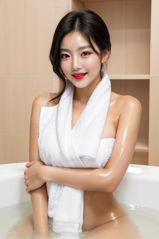 A young korean beautiful girl, 33-year-old, sexy girl, strikingly beautiful, black hair, big breasts, delicate facial features, porcelain skin, red lips, expressive eyes, (highest quality、table top、8k、best image quality、Award-winning work)、one beautiful woman、(naked with a bath towel wrapped around it:1.2)、(perfect bath towel:1.1)、(standing in an elegant dressing room:1.1)、(The most natural and practical dressing room interior:1.1)、(Organized and elegant clothing shelf:1.1)、(Clean and tidy changing room:1.1)、(Holding your chest with your hands:1.1)、(No makeup:1.1)、emphasize body line、(wet shiny hair:1.1)、(Hair that is wet and clings tightly:1.1)、(Ultra-fine moist shiny skin:1.1)、upper body photo、exposed thighs、Brightly lit face、very bright、Ultra high definition beautiful face、Super high resolution perfect beautiful teeth、ultra high definition hair、(Super high resolution wet shiny skin:1.1)、Super high resolution glossy lips、(accurate anatomy:1.1)、look at me