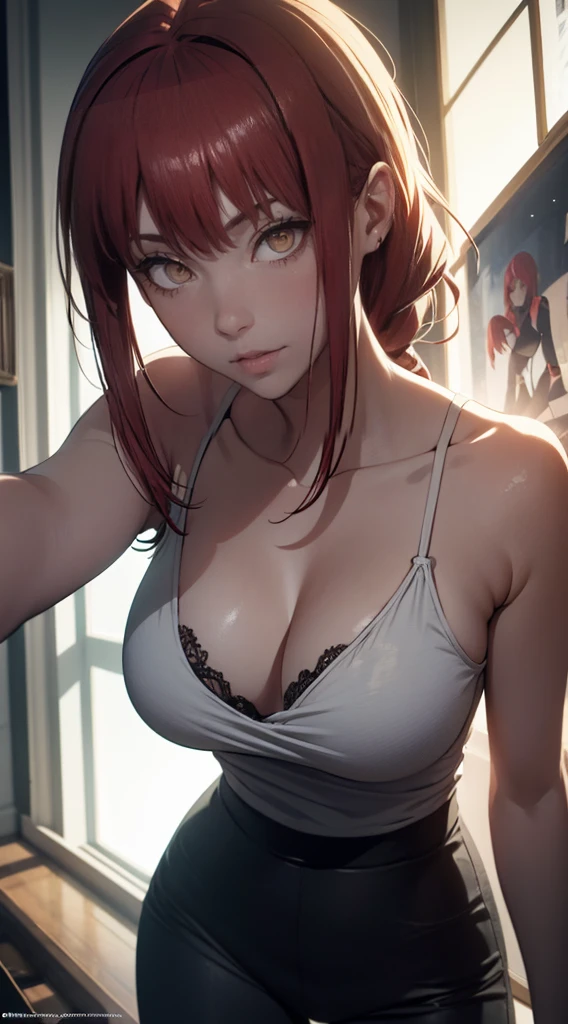 A girl, sexypose, Nudie, The character Makima from the anime series Chainsaw Man, fragile, makima, Beautiful figure, Skinny black pants, red hair, Orange Eyes, white shirt, sexypose, Realistic, Very detailed, handsome body, Detailed body, Detailed hands, Detailed, Vibrants, Detailed Face, Makima's character design. Very detailed, Detailed body, Detailed hands, Detailed Face, anime art, extremely detailed CG unity 8k wallpaper, detailed light, Cinematic lighting, chromatic aberration, glittering, expressionless, epic composition, dark in the background, Cherecter Desing, Very detailed, Detailed body, Vibrants, Detailed Face, sharp-focus, anime art, Vibrants, Detailed Face, Hugh Details, sharp-focus, Very drooping face, A detailed eye, super fine illustration, better shadow, finely detail, Beautiful detailed glow, Beautiful detailed, Extremely detailed, expressionless, epic composition, Presented at artstation, Octane Render, artstation hd, Cinematic, 4 thousand., hypermaximalist, elegant