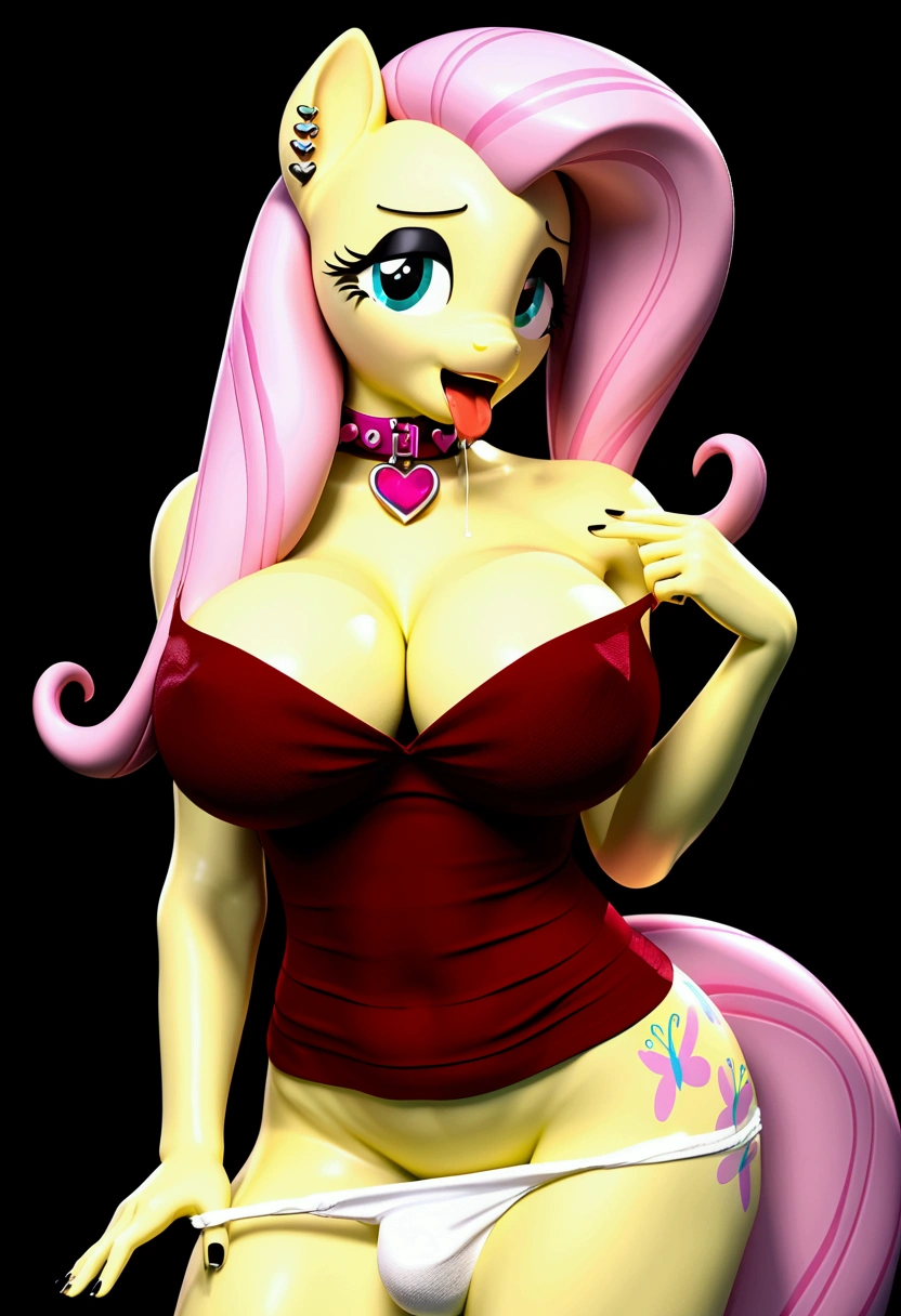 My little pony, anthro, (fluttershy), opened her mouth, and strings of saliva stretched, (white panties pulled down slightly), big breasts, heart collar, earrings, piercing, black eyeshadow, black nails, transexual, (big bulge)