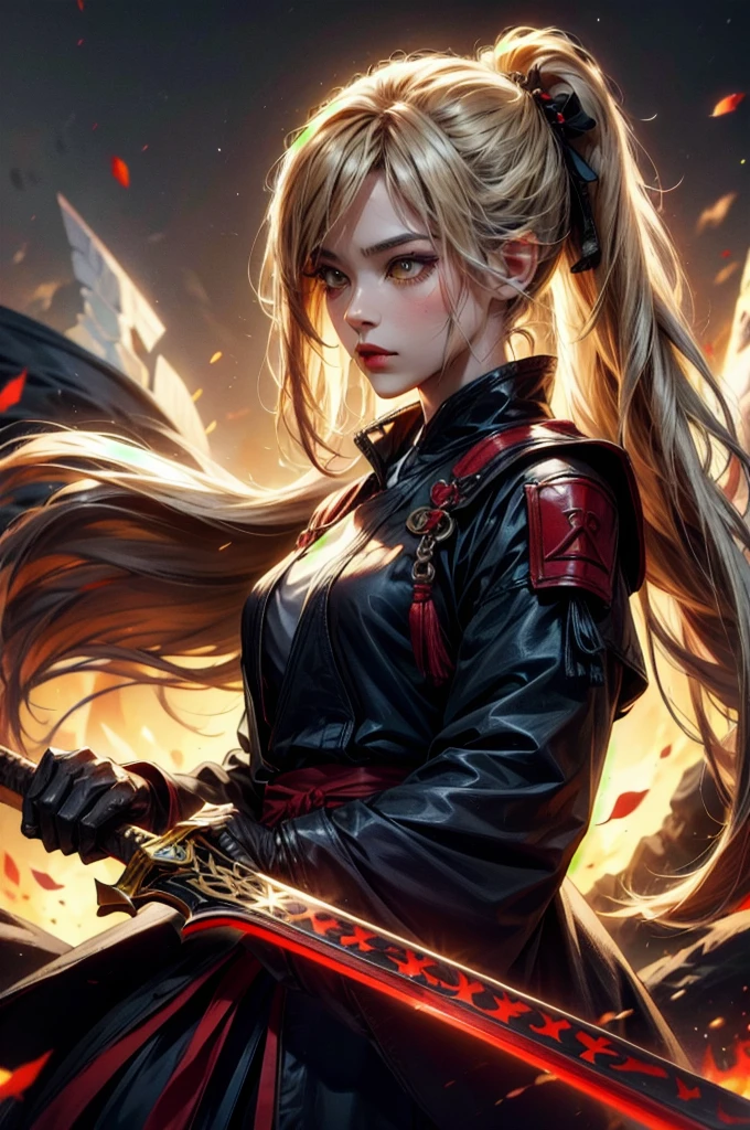 (absurdres, highres, ultra detailed), clean detailed anime art, 1woman, blond hair, long hair, pony tail, yellow eyes, white skin, samurai, blood on clothes, katana, sheath, after battle, day, battlefield