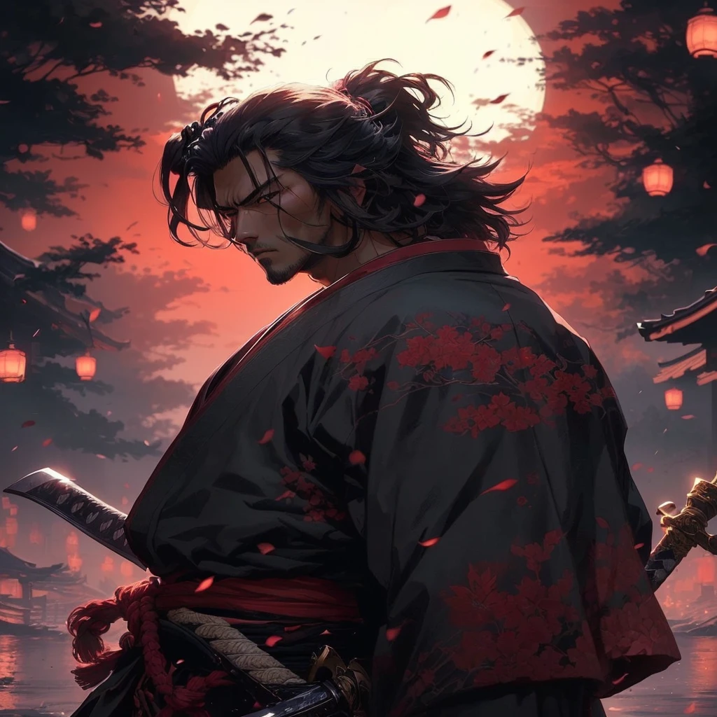 a man with a sword standing in front of a full moon, handsome guy in demon slayer art, 坏蛋动漫8 K, vagabond samurai man, miyamoto musashi, inspired by Kanō Hōgai, Ronin, inspired by Kano Sanraku, samurai style, 4k manga wallpaper, as samurai, anime wallpaper 4k