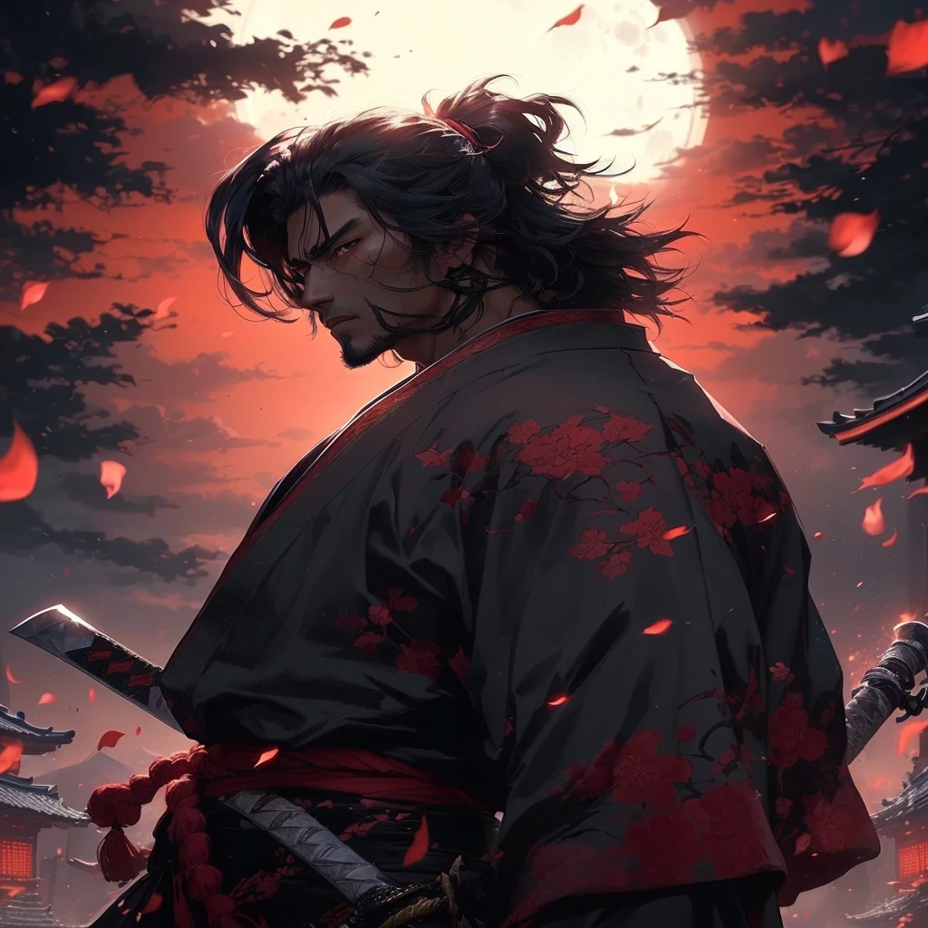 a man with a sword standing in front of a full moon, handsome guy in demon slayer art, 坏蛋动漫8 K, vagabond samurai man, miyamoto musashi, inspired by Kanō Hōgai, Ronin, inspired by Kano Sanraku, samurai style, 4k manga wallpaper, as samurai, anime wallpaper 4k