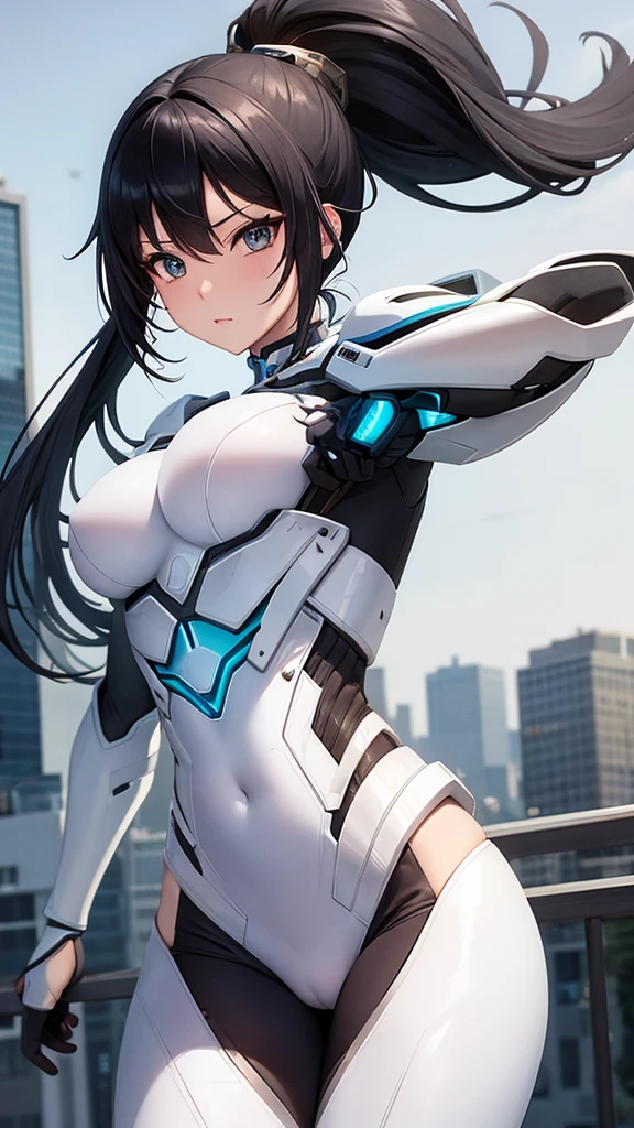 Sexy white cyborg suit、、beautiful girl、ponytail、Black Hair、fight、blue beam