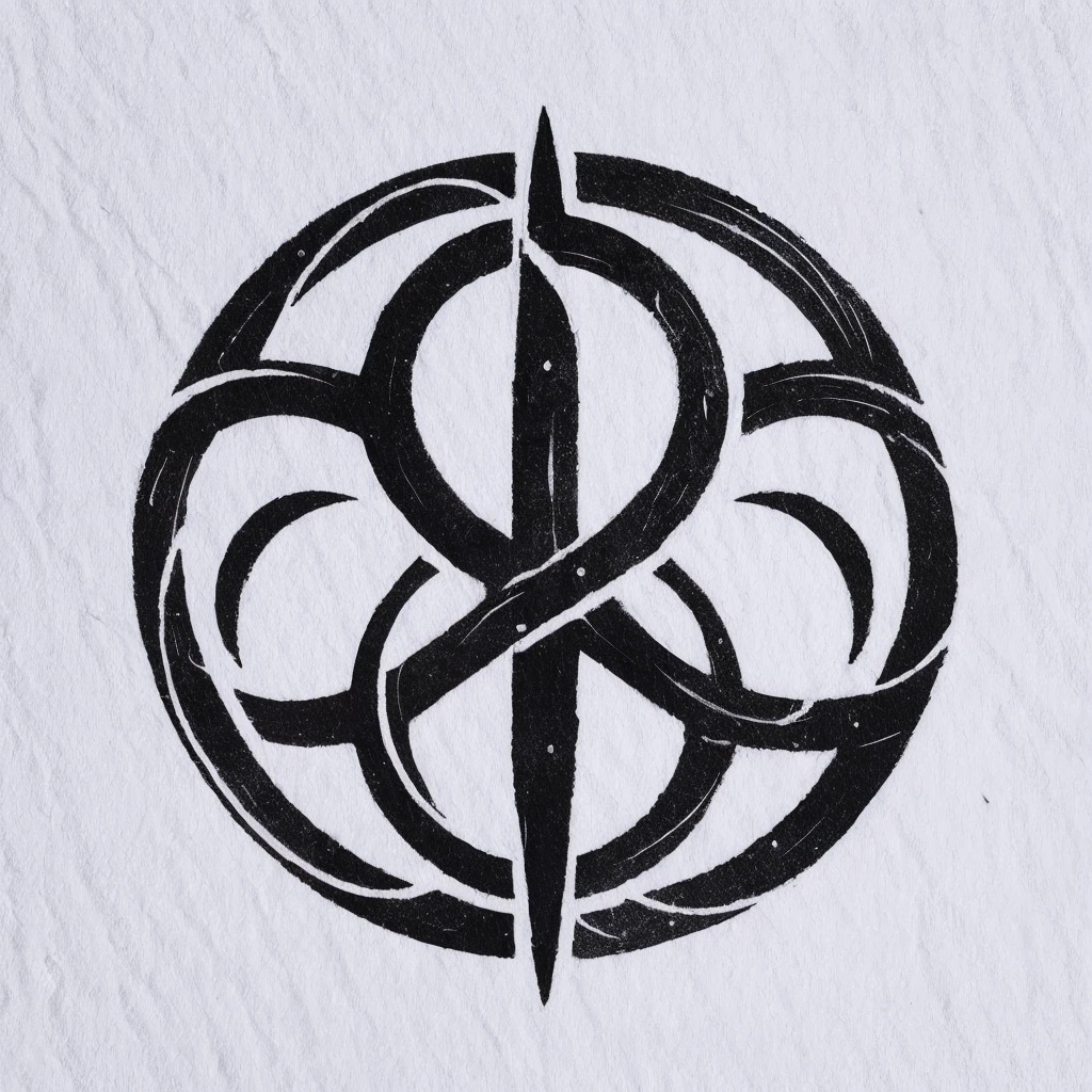 A circular, black symbol with a white background