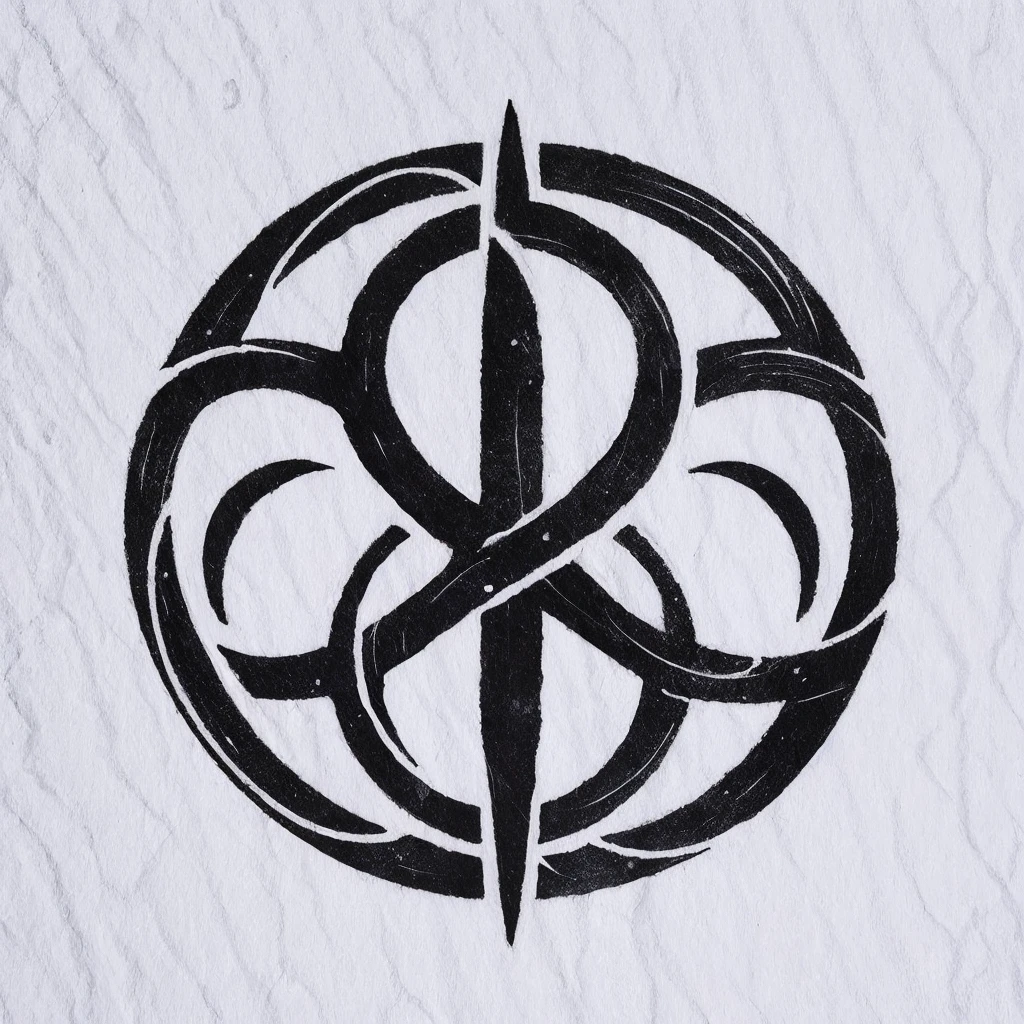 A circular, black symbol with a white background