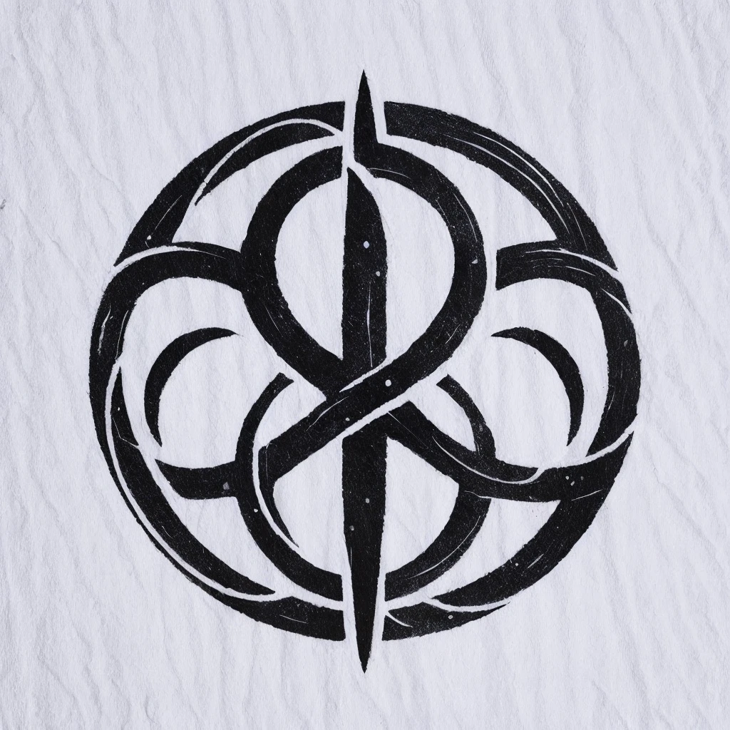 A circular, black symbol with a white background