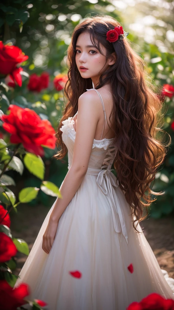 amazingly realistic, High resolution 8K photo of a beautiful 20 year old woman, ((messy side wave long hair)), And a glamorous person, (우아한 dress:1.2), dramatic lighting, masterpiece, Immersive atmosphere, chiaroscuro:(1.5, bright lights:1.2, shining light), (blur background:1.5), treasury, best quality, realistic, very detailed, HDR, Physically Based Rendering, studio lighting, vivid colors, bokeh, (real skin texture:1.3), high contrast, (fujicolor:1.5), film grain, girl in the rose garden, dress, (Red flower mess in the background..:1.3), Fascinating detailed red eyes and face, dynamic lighting, in the dark, deep shadows, low key, cowboy shot,