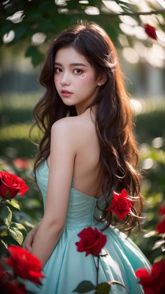 amazingly realistic, High resolution 8K photo of a beautiful 20 year old woman, ((messy side wave long hair)), And a glamorous person, (우아한 dress:1.2), dramatic lighting, masterpiece, Immersive atmosphere, chiaroscuro:(1.5, bright lights:1.2, shining light), (blur background:1.5), treasury, best quality, realistic, very detailed, HDR, Physically Based Rendering, studio lighting, vivid colors, bokeh, (real skin texture:1.3), high contrast, (fujicolor:1.5), film grain, girl in the rose garden, dress, (Red flower mess in the background..:1.3), Fascinating detailed red eyes and face, dynamic lighting, in the dark, deep shadows, low key, cowboy shot,