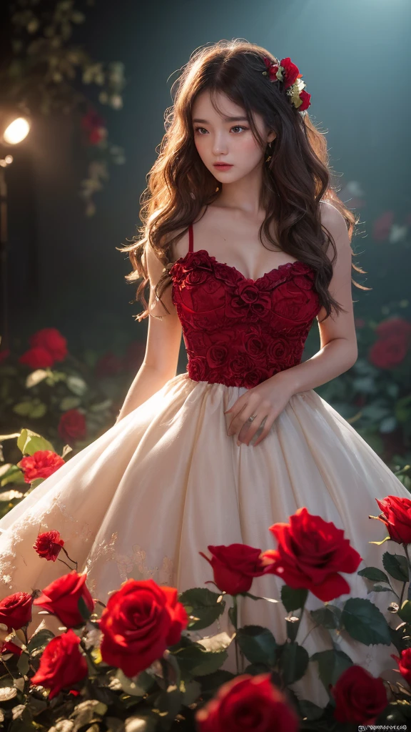 amazingly realistic, High resolution 8K photo of a beautiful 20 year old woman, ((messy side wave long hair)), And a glamorous person, (우아한 dress:1.2), dramatic lighting, masterpiece, Immersive atmosphere, chiaroscuro:(1.5, bright lights:1.2, shining light), (blur background:1.5), treasury, best quality, realistic, very detailed, HDR, Physically Based Rendering, studio lighting, vivid colors, bokeh, (real skin texture:1.3), high contrast, (fujicolor:1.5), film grain, girl in the rose garden,  dress, (Red flower mess in the background..:1.3), Fascinating detailed red eyes and face, dynamic lighting, in the dark, deep shadows, low key, cowboy shot, 