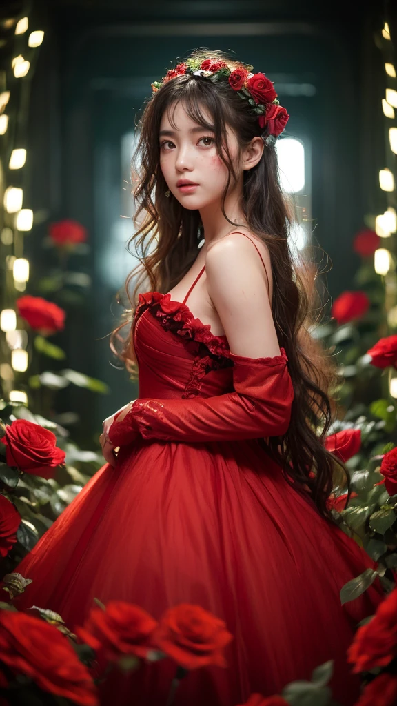amazingly realistic, High resolution 8K photo of a beautiful 20 year old woman, ((messy side wave long hair)), And a glamorous person, (우아한 dress:1.2), dramatic lighting, masterpiece, Immersive atmosphere, chiaroscuro:(1.5, bright lights:1.2, shining light), (blur background:1.5), treasury, best quality, realistic, very detailed, HDR, Physically Based Rendering, studio lighting, vivid colors, bokeh, (real skin texture:1.3), high contrast, (fujicolor:1.5), film grain, girl in the rose garden,  dress, (Red flower mess in the background..:1.3), Fascinating detailed red eyes and face, dynamic lighting, in the dark, deep shadows, low key, cowboy shot, 