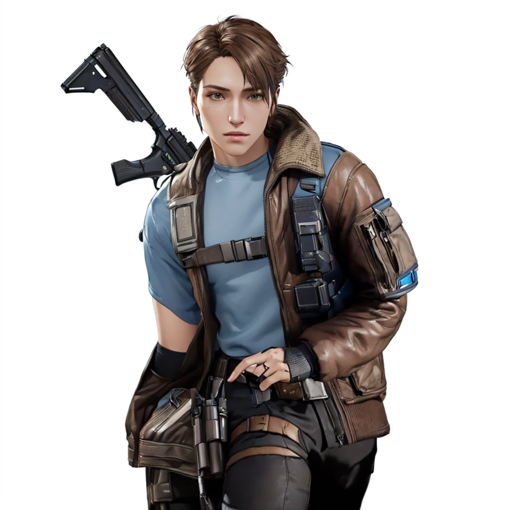 arafed man in a blue shirt and brown jacket holding a gun, female lead character, video game character, makoto shinkai ( apex legends ), 3 d render of jerma 9 8 5, attractive androgynous humanoid, xqc, video game character concept, videogame character, solo female character, unigine render, realistic character concept, female character