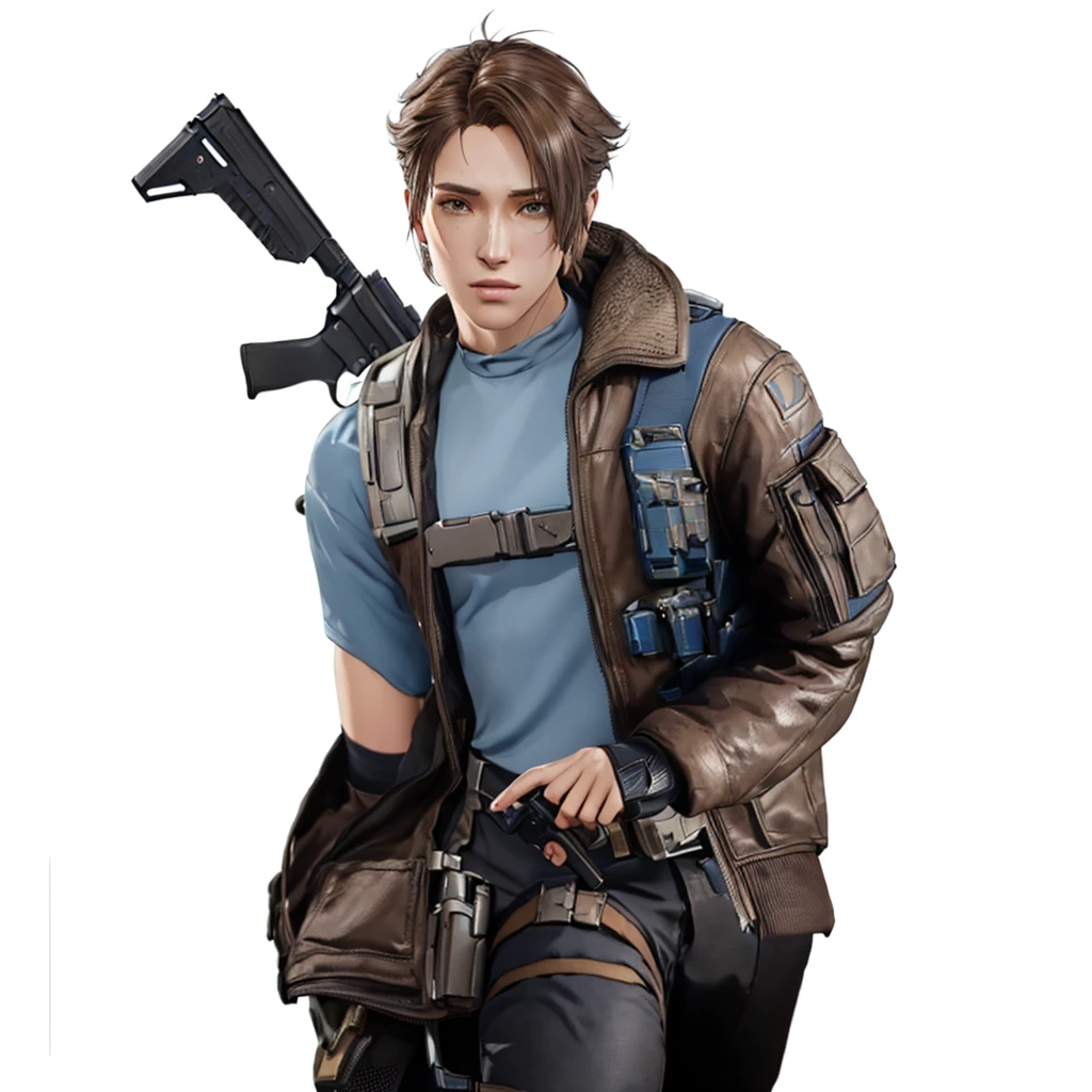 arafed man in a blue shirt and brown jacket holding a gun, female lead character, video game character, makoto shinkai ( apex legends ), 3 d render of jerma 9 8 5, attractive androgynous humanoid, xqc, video game character concept, videogame character, solo female character, unigine render, realistic character concept, female character