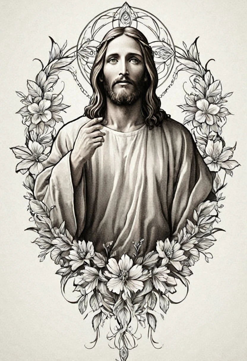 design of a tattoo of Jesus Christ and floral patterns