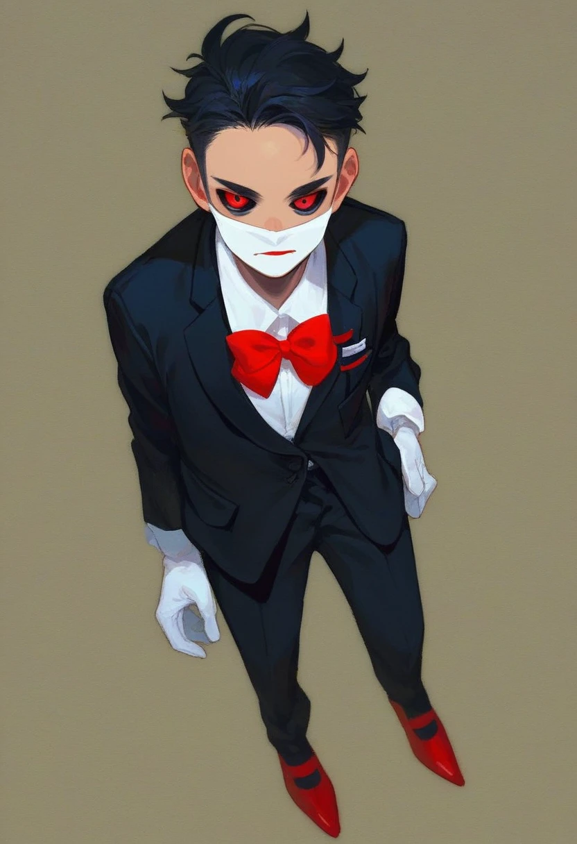 billy, 1boy, solo, full body white mask, red cheeks, black tuxedo with a white shirt and gloves, red bow tie, red handkerchief in the breast pocket, red Mary Janes, red eyes, black sclera, red lips, black hair, small, short, white gloves, long hair