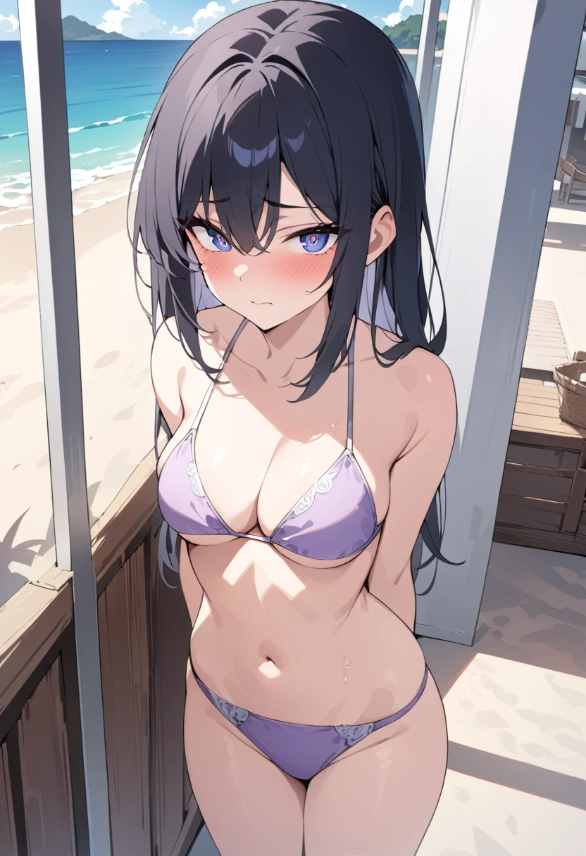 masterpiece, High resolution, perfect face, beauty of China, 30 years old, beautiful face, beach, light purple bikini, embarrassed look, look at the camera, top quality eyes, detailed texture, standing and look at me, Married woman, cool women, high resolution eyes, black hair
