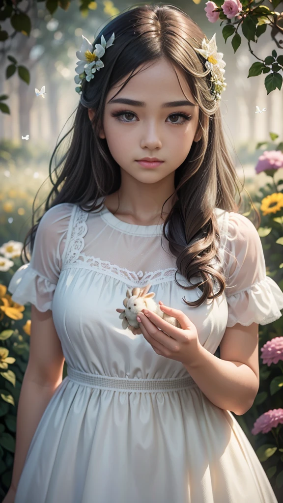 Detail, realism, 4k, 15-year-old girl, face detail, large yellow eyes, plump lips, upturned nose, gray hair with pink strands, in a white dress, with a rabbit in her hands, flowers in the background, white butterflies in the foreground, realistic shooting, depth of field, soft forelight, glow, HDR (muted colors: 1.2), Canon RF 100mm F2.8L Macro IS USM