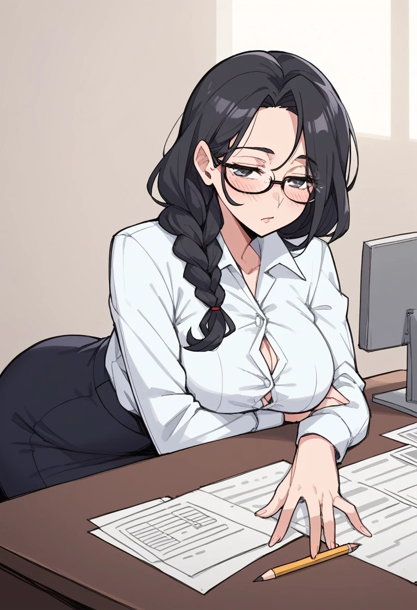 ((mature woman)), blush, skin fair, Button-down shirt, Long pencil skirt, wearing glasses, braided black hair, beautiful face, 가슴, sensuous, (provocative look), pose sexy, highest quallity,sitting pose, (fund: Sitting on the office table)