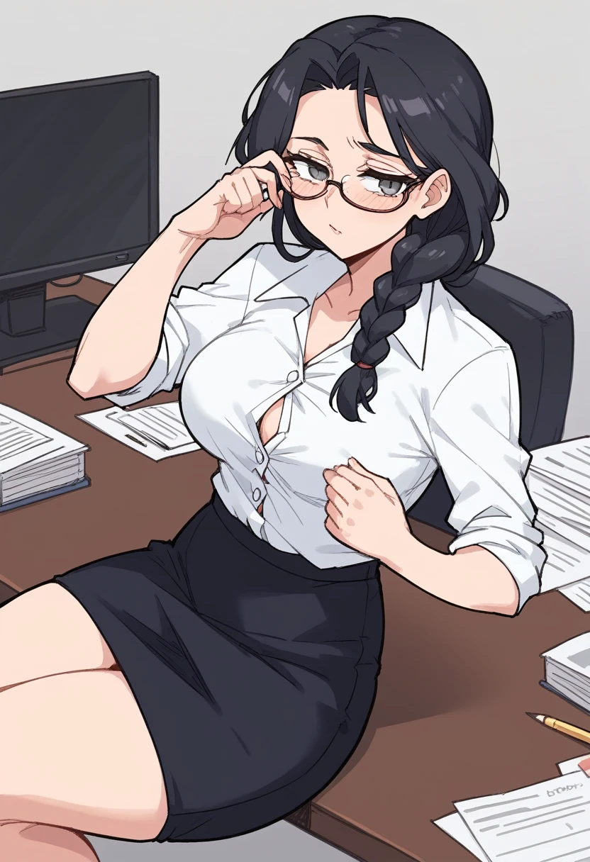 ((mature woman)), blush, skin fair, Button-down shirt, Long pencil skirt, wearing glasses, braided black hair, beautiful face, 가슴, sensuous, (provocative look), pose sexy, highest quallity,sitting pose, (fund: Sitting on the office table)