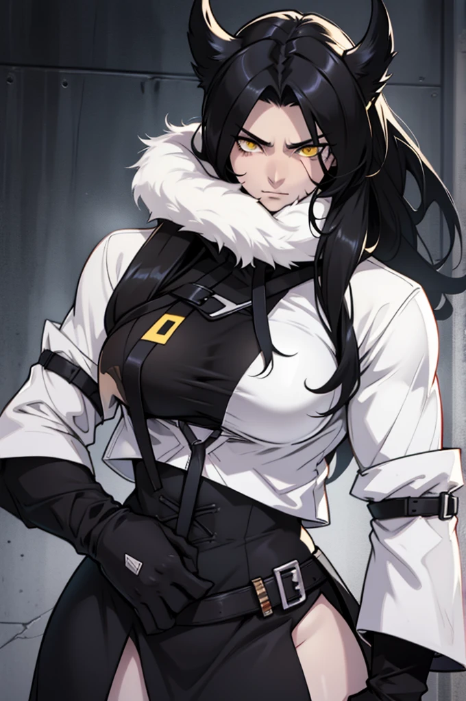 very long hair hair flaps black hair yellow eyes pale skin muscular girl very large breasts disappointed disappointed