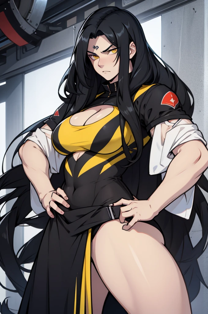 very long hair hair flaps black hair yellow eyes pale skin muscular girl very large breasts disappointed disappointed 