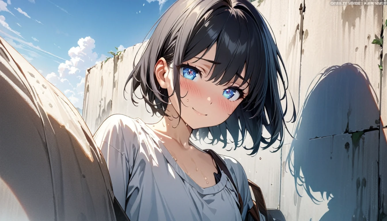 1girl, solo, blue eyes, (detailed eyes), gentle smile on her face flat chest, short hair, black hair, (masterpiece), (best quality), (ultra-detailed), (best illustration), (best shadow), (absurdres), Female, 25 years old, oily, steam, shy, light smile, Under the blue sky and white clouds