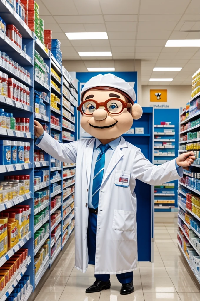 Mascot dressed as a pharmacist with super powers